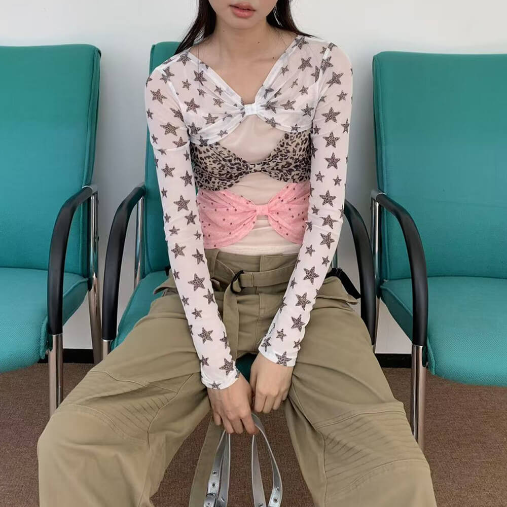 Y2K Star Mesh Long Sleeve Top